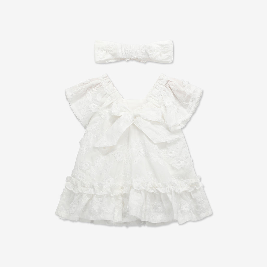 Embroidered Short Sleeve Dress & Bloomers Set + Headband H