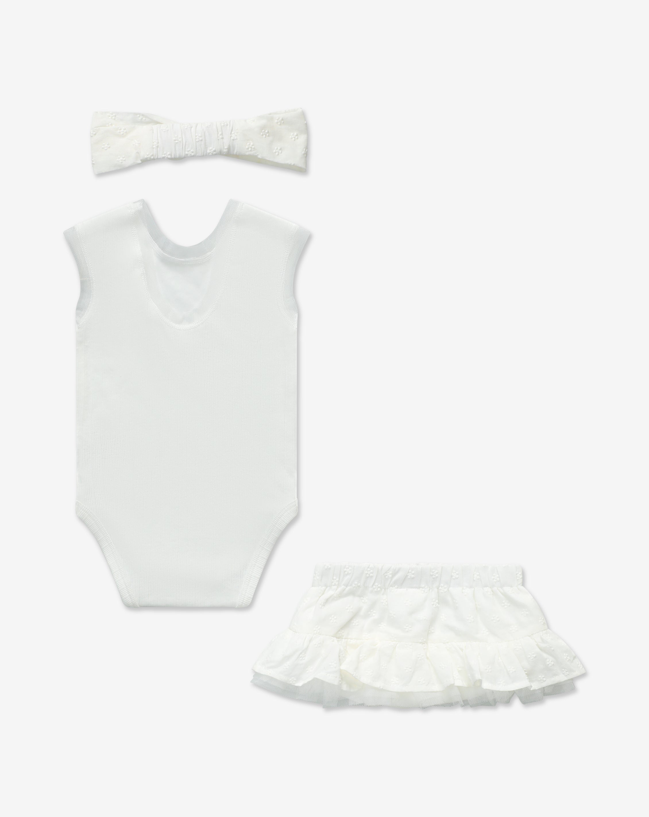 Ribbed Bodysuit & Embroidered Skrit Set + Headband H