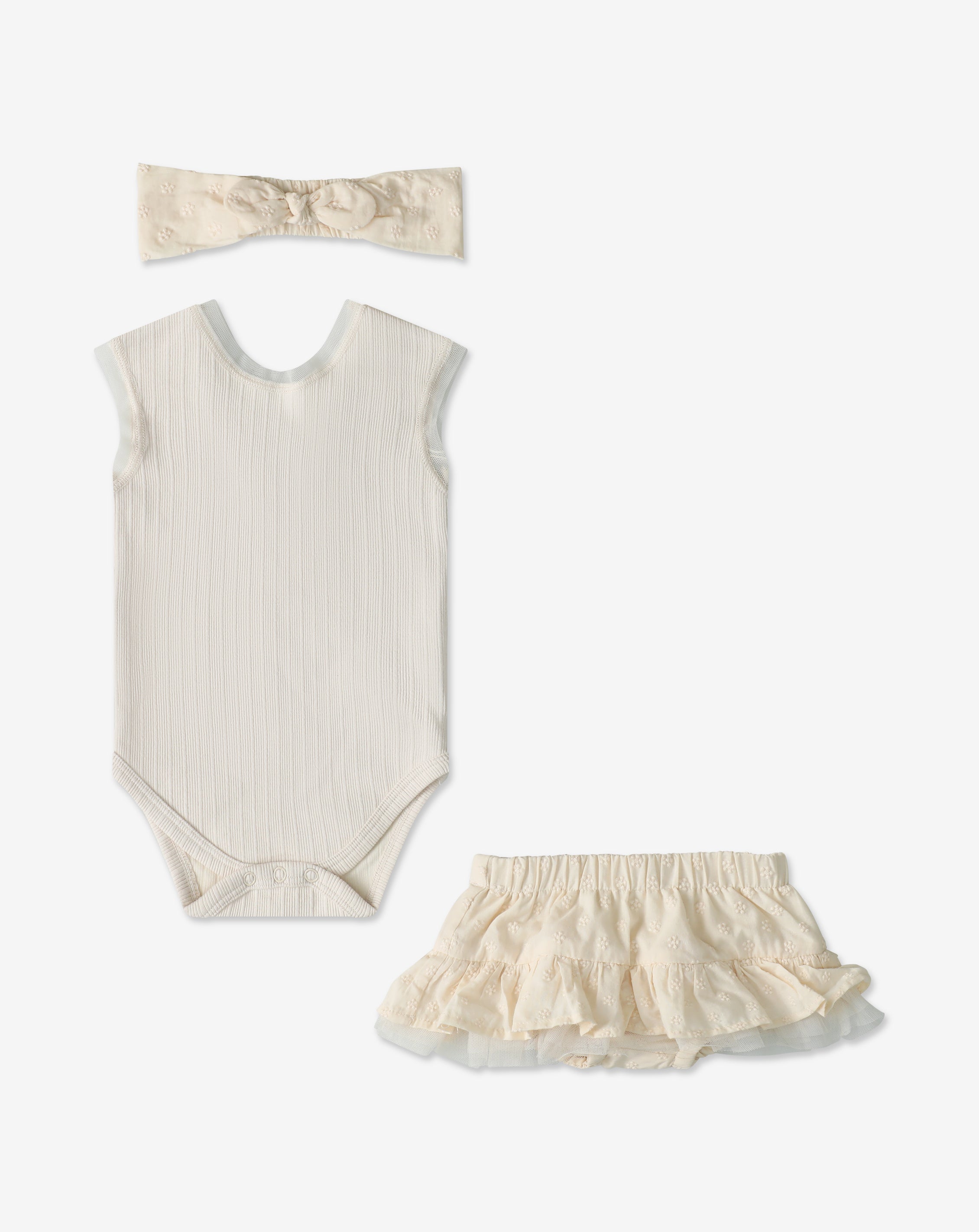 Ribbed Bodysuit & Embroidered Skrit Set + Headband H