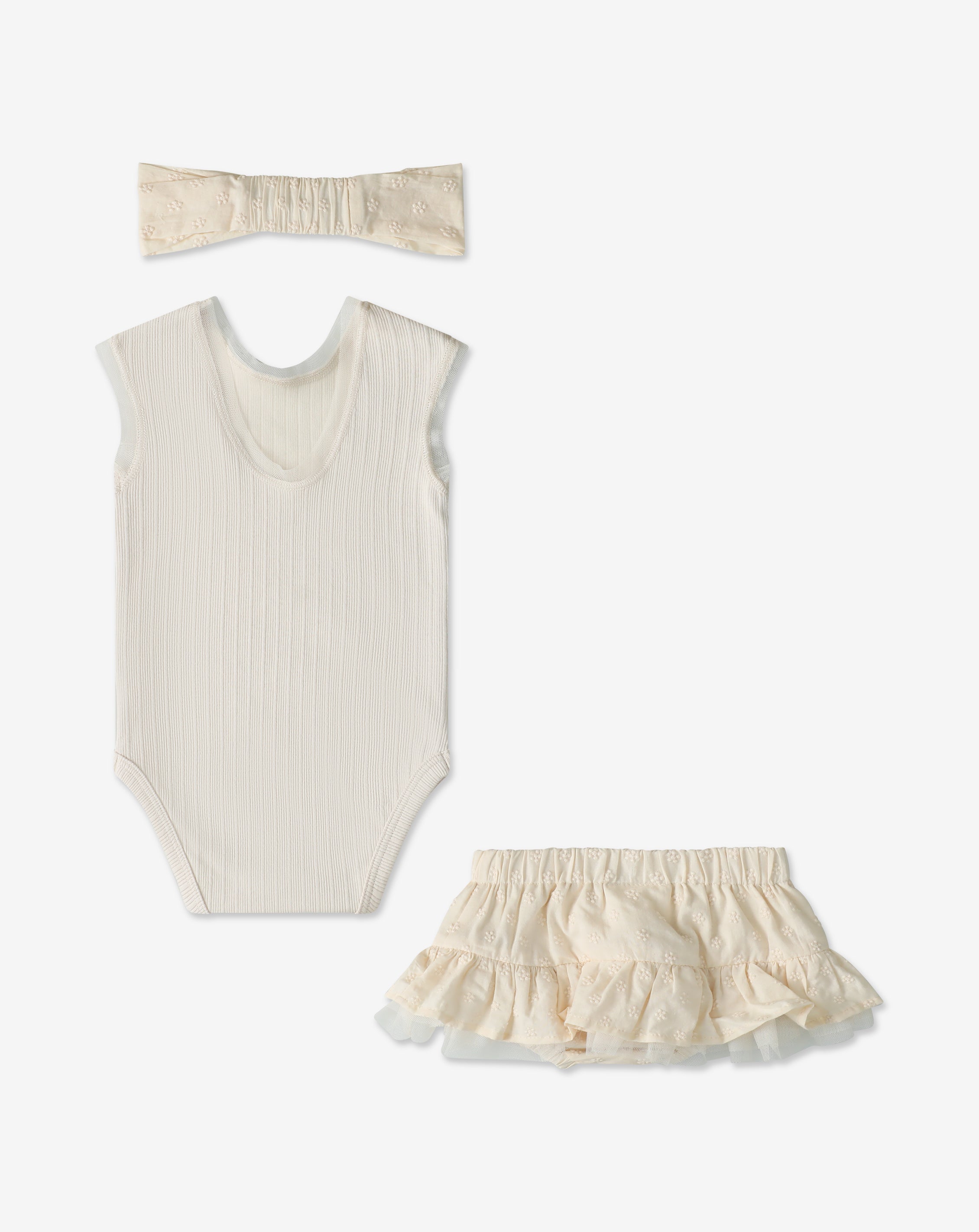 Ribbed Bodysuit & Embroidered Skrit Set + Headband H